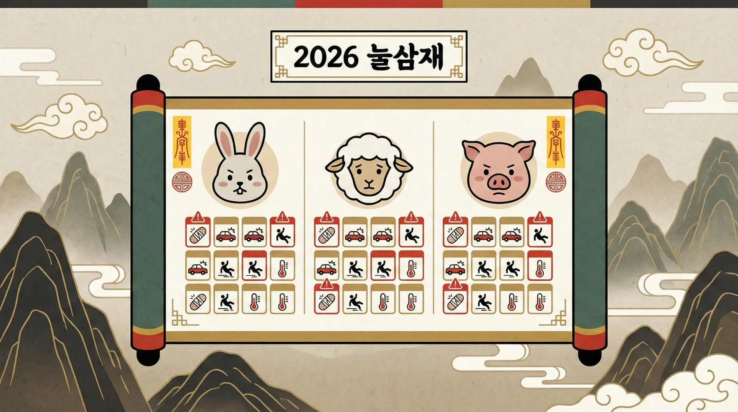 2026년 눌삼재(토끼·양·돼지) 띠별 월별 사고수 및 건강 주의달력 필독