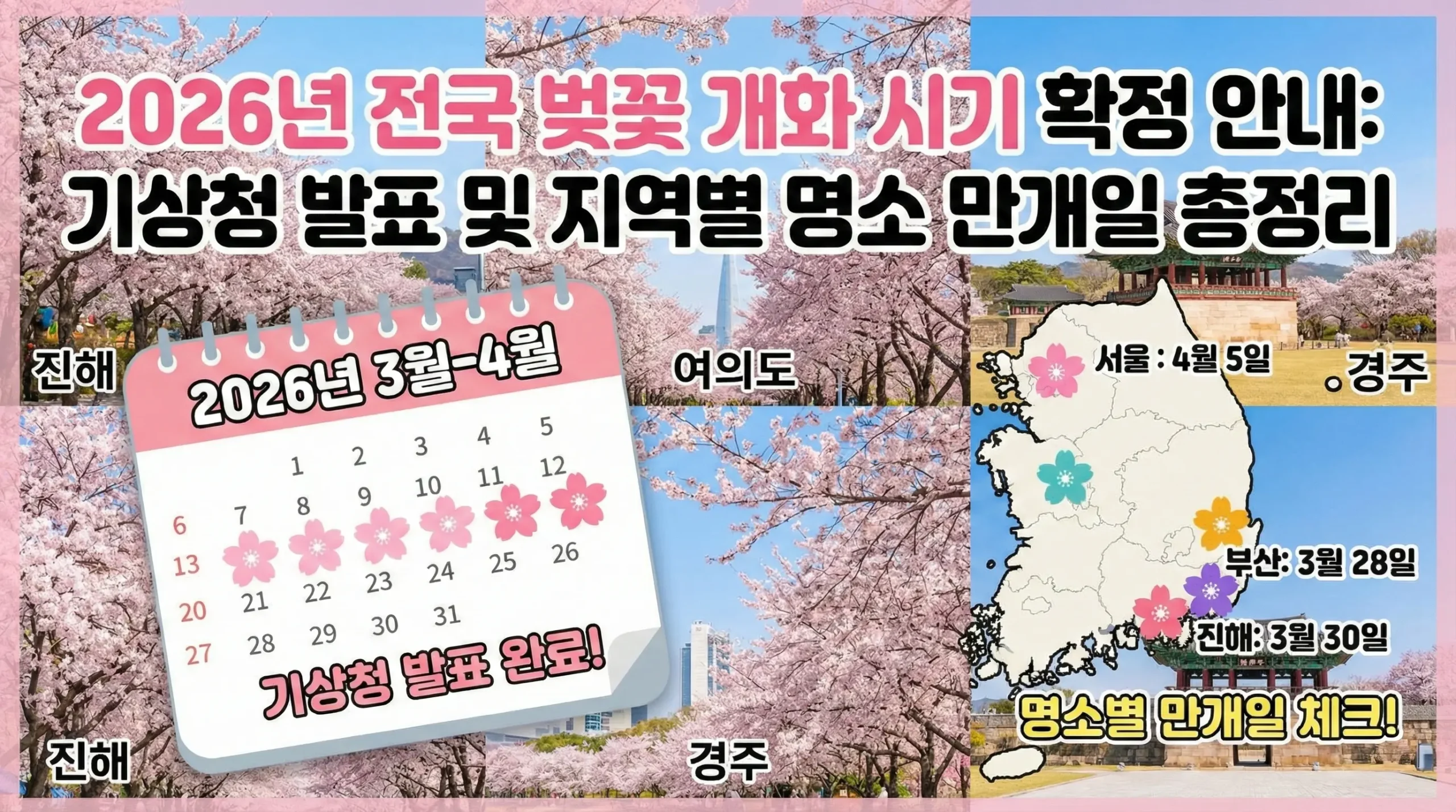 2026년 전국 벚꽃 개화 시기 확정 안내: 기상청 발표 및 지역별 명소 만개일 총정리