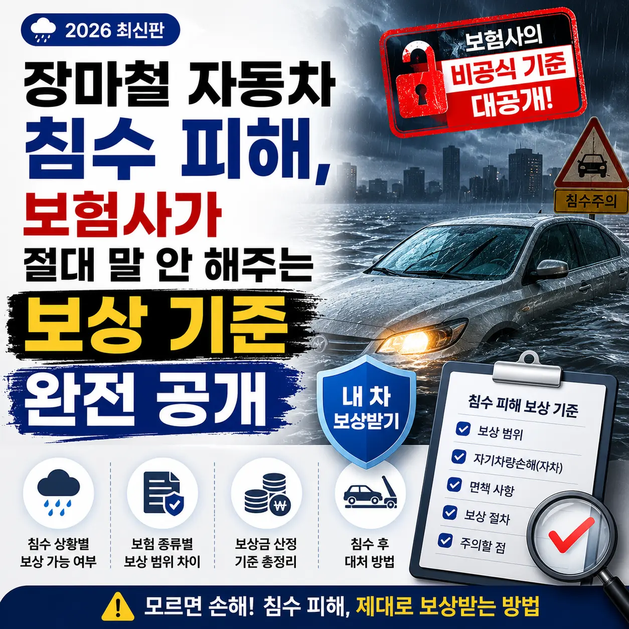 장마철 자동차 침수 피해, 보험사가 절대 말 안 해주는 보상 기준 완전 공개 (2026)