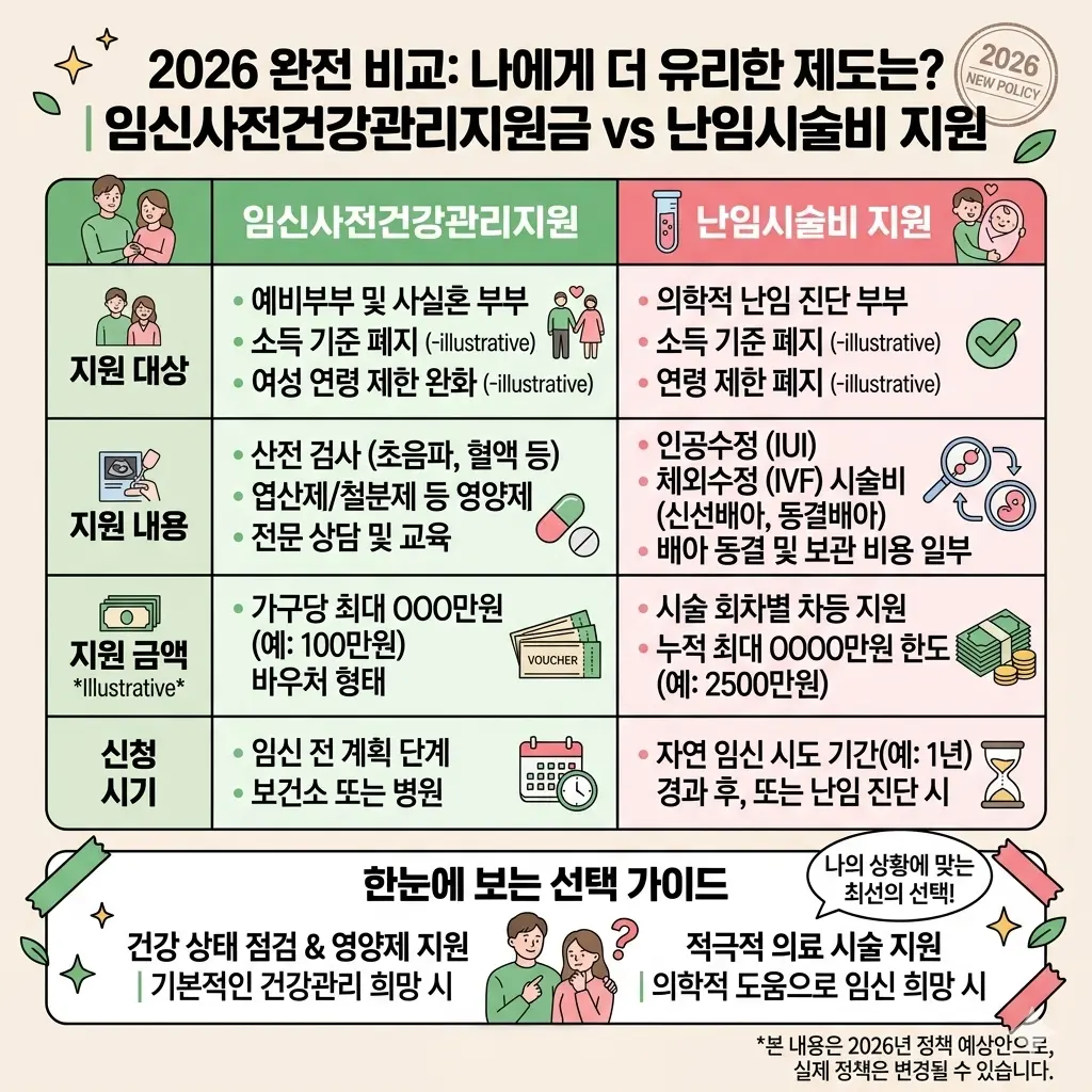 임신사전건강관리지원금 vs 난임시술비 지원, 뭐가 더 유리할까? 2026 완전 비교