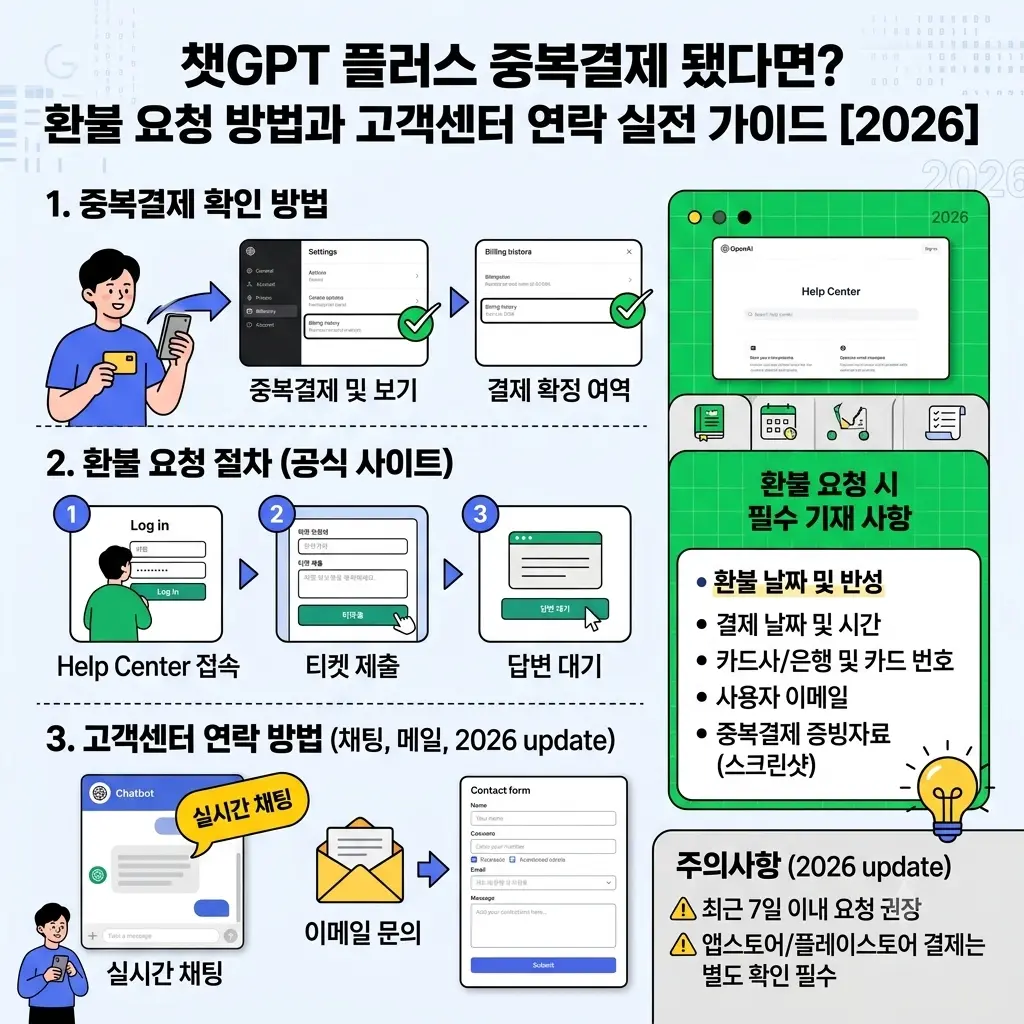 챗GPT 플러스 중복결제 됐다면? 환불 요청 방법과 고객센터 연락 실전 가이드 [2026]